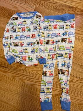 Little Sleepies White Train & Vehicle Pajama Set with Blue Trim